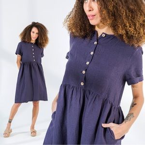 Roolee Navy Gauze Short Sleeve Pocket Button Front Dress